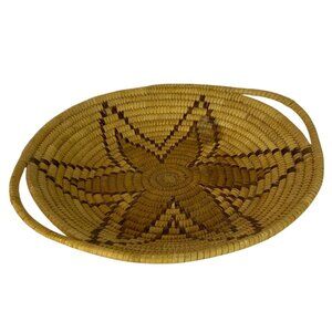 Tightly Coiled Straw Basket Handled Tray Squash Blossom Pattern Southwestern